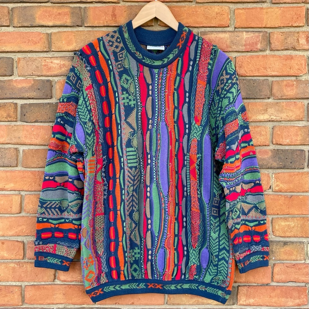 Vintage Men’s Retro Coogi Knit Sweater Colorful Long Sleeve Biggie Sz M Unisex